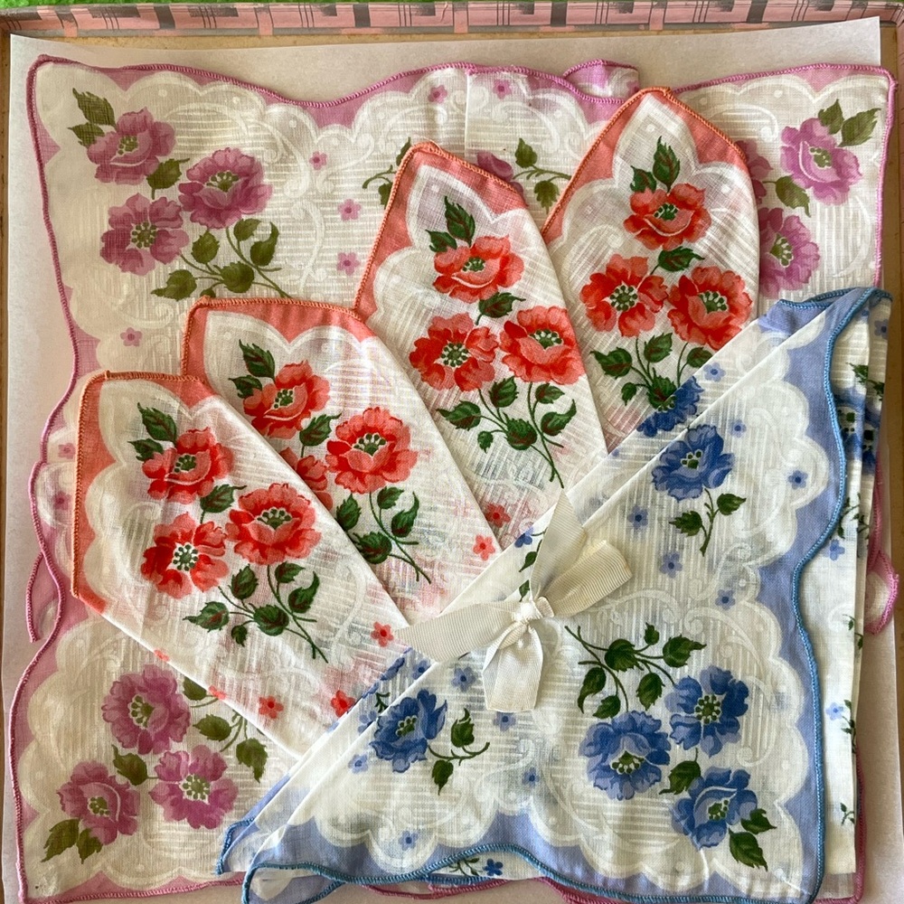 Lot of 3 Vintage Floral Uniquely Folded Handkerchiefs with Original Box